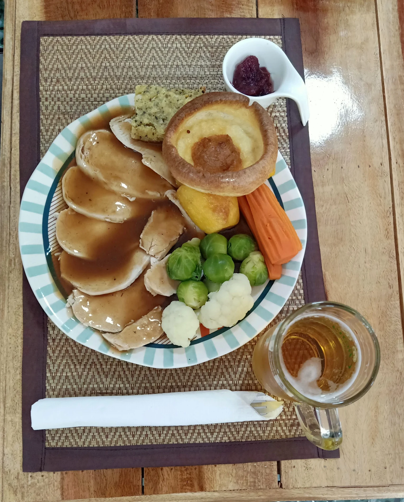 A roast dinner with Yorkshire pudding, vegetables and gravy at Steve’s